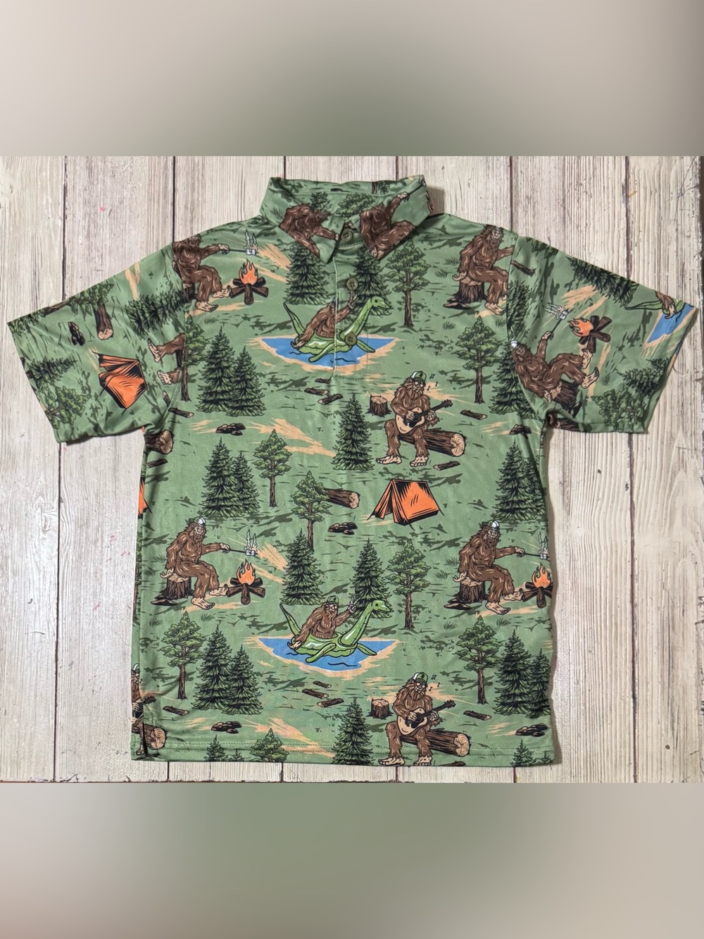 Aeroline Bigfoot Sasquatch camping performance golf polo shirt Youth M 8-10 boys